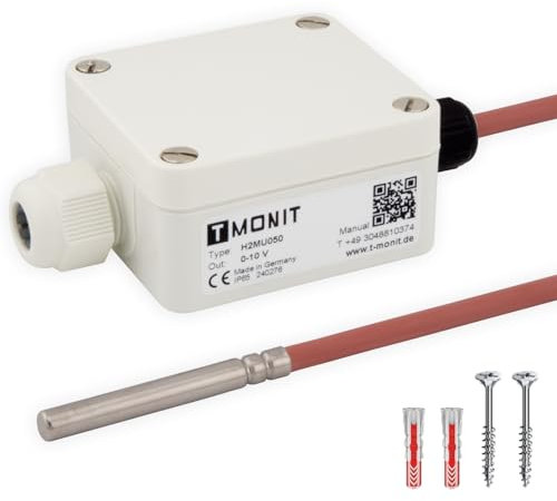 Tmonit - PT1000 Temperaturfühler, 0-10V oder 4-20 mA, -50 bis 200 °C, IP65 strahlwassergeschützt, Strom- oder Spannungsausgang, Silikon-Leitung - für HLK & Industrie (0-10 V, 5m Silikon-Leitung)