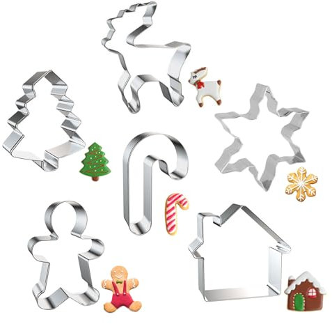 6PCS Christmas Cookie Cutters Set,Stainless Steel Christmas Biscuit Cutters,Gingerbread Man,Christmas Tree,Reindeer Pastry Cutter for Baking Xmas Cookie Cutters