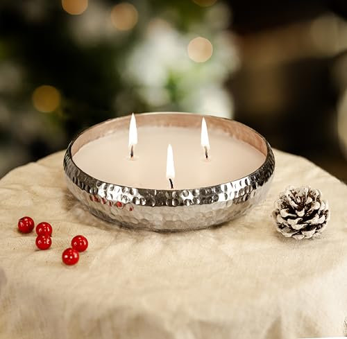 Marco Paul Scented Candle Bowl Large Silver Vanilla Candle Dish, Hammered Tone Home Fragrance Luxury Soy Wax Candle, Autumn Home Décor Dining Table Centerpiece, 3 Wick Silver