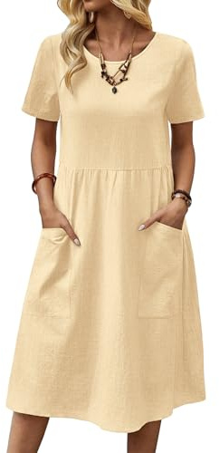 Zeagoo Abito da Donna A Maniche Corte Abito Midi Estivo Elegante Abito Tinta Unita Leggero Ampio Casual con Tasche Beige Taglia M