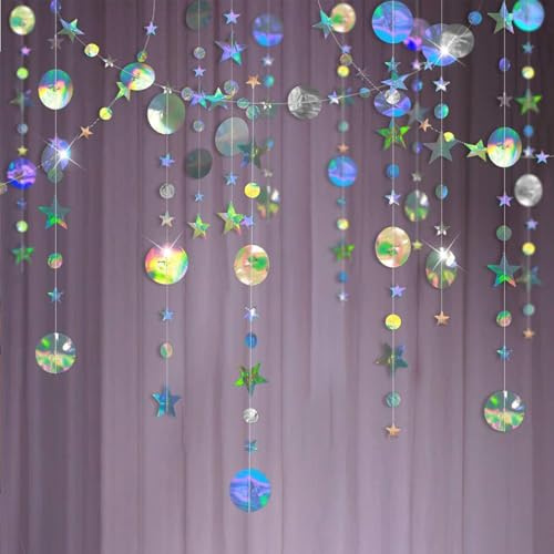Amacoam 4 m x 4 hängande glittergirlang, 4 stycken, holografisk regnbåge, rund och stjärna, pappersdekoration för fest, karneval, tillbehör