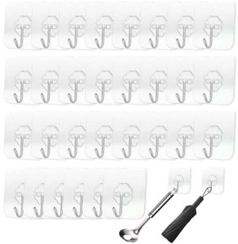 KYLOS Ganchos Adhesivos para Pared - 30 Piezas Transparentes - Soporte hasta 2 kg - Sin Taladrar ni Dañar Paredes - Ideal para Cocina, Baño y Puertas