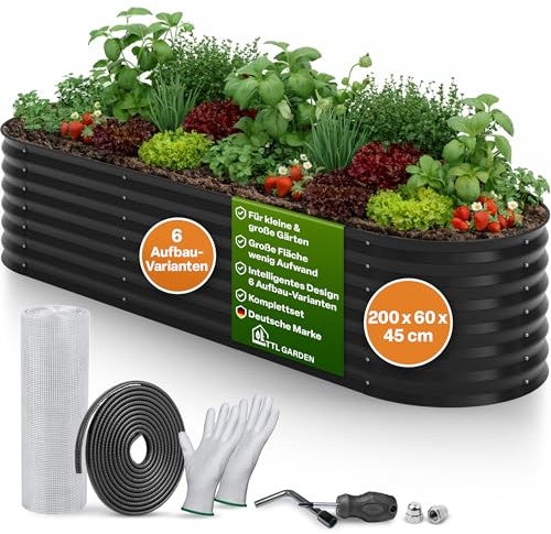 TTL GARDEN 200x60x45cm Metall Hochbeet Fusion 6-in-1 Anthrazit - Stahl rostfrei verzinkt & lackiert 45cm hoch 60cm breit Wellblech Form oval stabil Garten Beet für Gemüse Kräuter Blumen Gartenbeet
