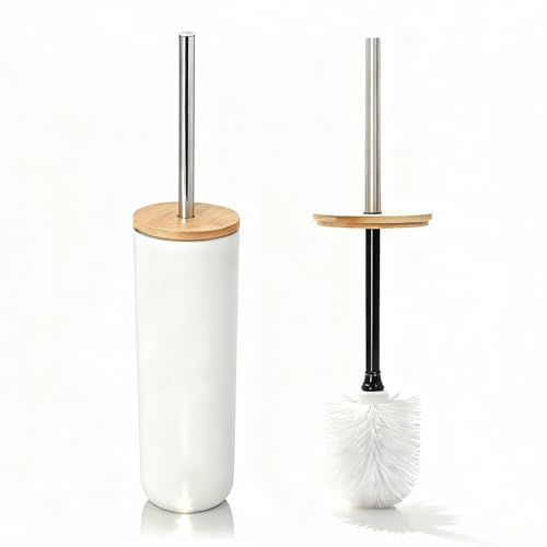 Juego de escobilla de inodoro y soporte con detalles de madera y mango de acero inoxidable, cepillos de inodoro delgados y modernos para limpieza de baño (blanco)
