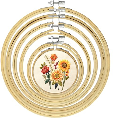 Lunhoo 6 Pcs Round Bamboo Embroidery Hoops (3”, 4”, 5”, 6”, 7”, 8”), Adjustable Wooden Circle Frames for Embroidery Cross Stitch Tapestry, DIY Hand Sewing Craft Accessories