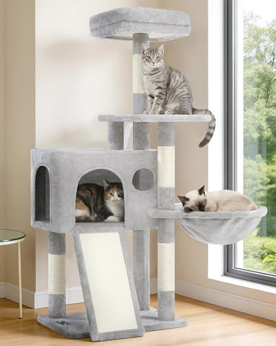Gitelsnour Árbol Rascador para Gatitos, Torre de Gatos Interior de 107 cm, Árbol para Gatos con Postes Rascadores, Hamaca, Caseta y Pelota Colgante, Gris Claro GCT005SW