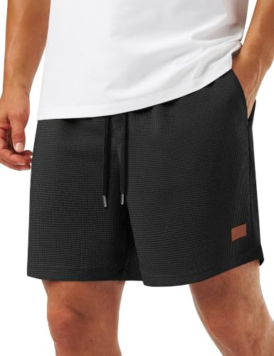 TACVASEN Men's Shorts Casual 5 Inch Elasticated Waist Running Gym Shorts Summer Lightweight Waflle Workout Beach Sweat Short, Black, XL