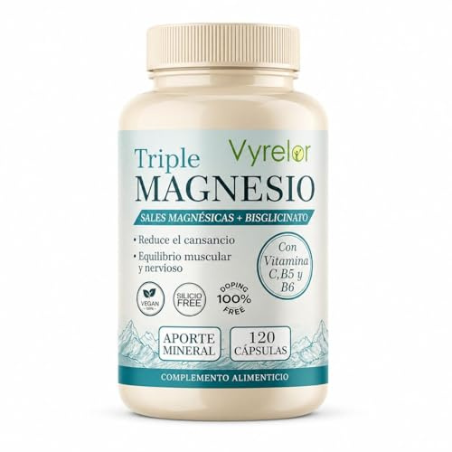 Vyrelor Triple Magnesio 120 Cápsulas – Alta Absorción – Con Vitaminas C, B5 y B6 – Reduce el Cansancio y Apoya el Equilibrio Muscular y Nervioso – 100% Vegano – Sin Silicio – Doping Free