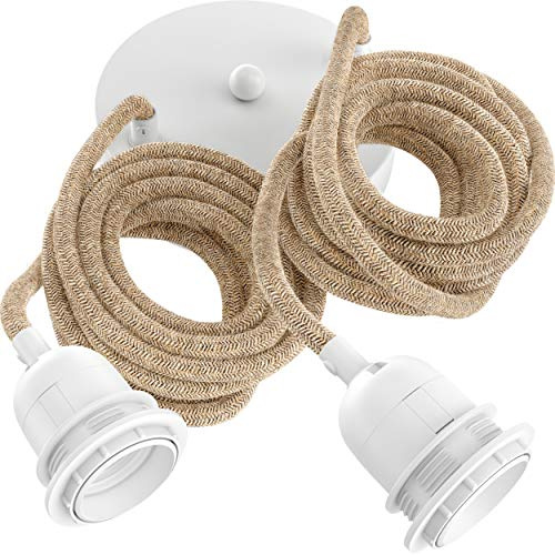 Hoopzi - Hang 2 - Lampadario a Sospensione - 2,5 Metri - Cavo Elettrico Tessuto - 2 X Portalampada E27 - Per Camera da Letto, Soggiorno, Cucina - Corda e bianco