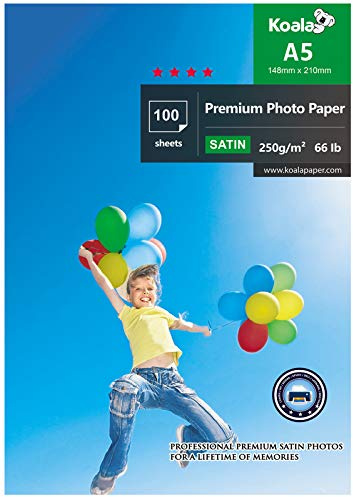 KOALA Inkjet satin/ostron fotopapper A5 storlek 210 x 148 mm 250 gsm 100 ark med premium satin avancerad hartsbelagd för Canon Hp Epson bläckstråleskrivare