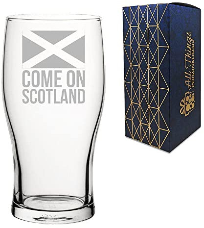 Engraved Football Pint Glass, Come On Scotland Flag Design with Gift Box, Euro Football Soccer Rugby Sport Championship