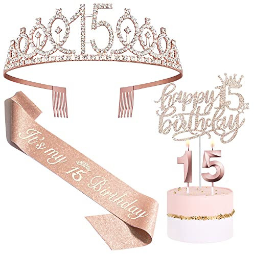Bella Meri Geschenke zum 15. Geburtstag für Mädchen – Tiara-Krone, Schärpe, Kuchendekoration, Kerzen und Dekorationen
