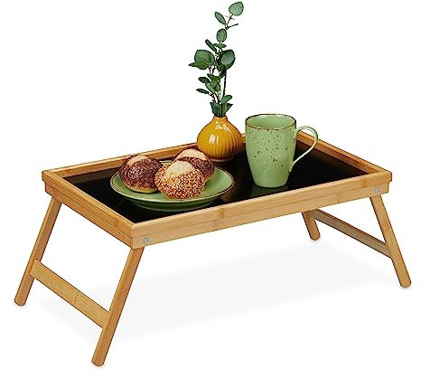 Relaxdays Betttablett klappbar, Tablett mit Füßen, Frühstück im Bett, Bambus & MDF, HBT 23 x 61,5 x 31 cm, Natur/schwarz