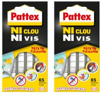 Pattex Ni Clou Ni Vis pâte de fixation, pastilles adhésives repositionnables blanches faciles à enlever, pâte collante pré-découpée pour papier, poster, décoration légère - 65 pastilles, Lot de 2