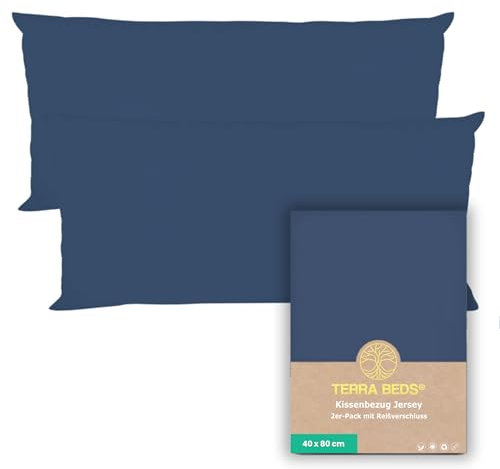Terra Beds Kissenbezug 40 x 80 (Set mit 2) - 100% Baumwolle Jersey 160 g/m², Oeko-Tex Zertifiziert - Kopfkissenbezug 40x80 für Kissen 40x80 mit Reißverschluss, weich und atmungsaktiv - (Dunkelblau)