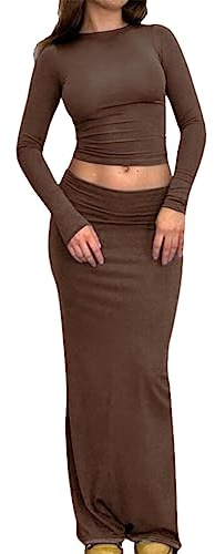 Vioyavo Set di 2 Pizzi Completo Donna Elegante Gonne Lavorate a Maglia per Le Donne a Maniche Lunghe Crop Top Cravatta a Vita Alta Aderente Elegante Vestito Lunga (Marrone, M)