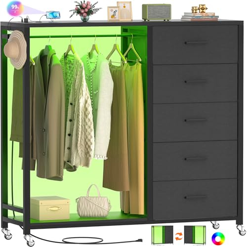 Cyclysio Dresser with Hanging Rack, 5 Fabric Drawers Dresser with Clothes Rack, Wooden Top Storage Chest of Drawers with Charging Station & LED Lights, Lockable Wheels, Closet