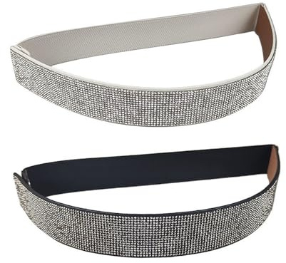 NyxSeat Paquete de 2 cinturones ajustables con diamantes de imitación para mujer, aleación de piel sintética, cinturón de cristal, color negro y plateado, talla única