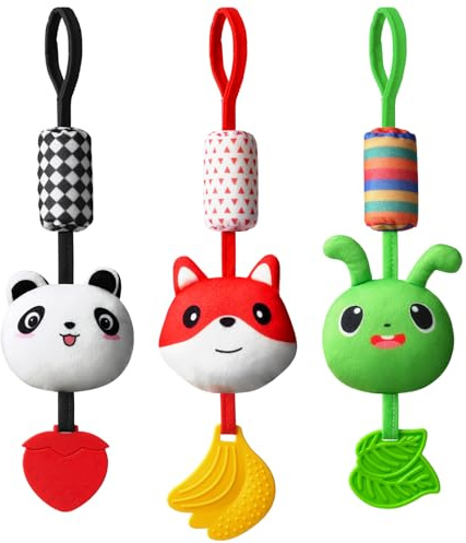 Aolso Barnvagnsleksak, 3 st hängande skallra leksaker, leksak med färgkontrast, babyhängleksak, bilbarnbilbarnstol leksak för pojkar och flickor (panda/räv/grön mask)