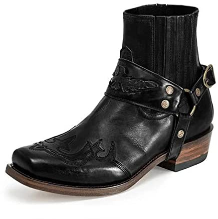 ottspu Cowboy Boots for Men Booties Ankle Cowboy Western Boots Stitched Embroidered Squared Toe Short Chunky Classic,Black,9 UK
