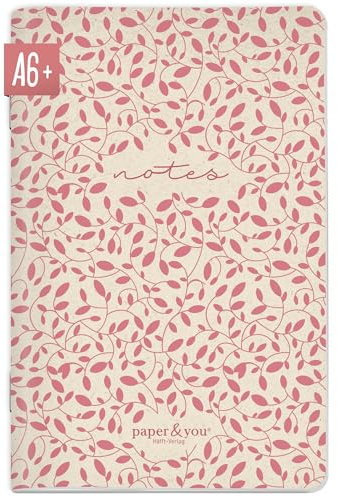 paper&you® Notizheft A6+ Punktraster Red Leaves mit 64 Seiten, Notizbuch klein, Mini dotted Journal - nachhaltig & klimafreundlich
