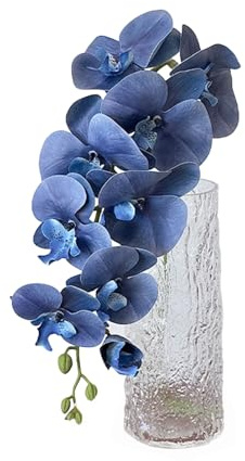 Shienfir Orchidées phalaenopsis artificielles réalistes à 9 têtes de fleurs en soie pour fête de mariage, maison, bureau, centre de table, branche florale bleu foncé