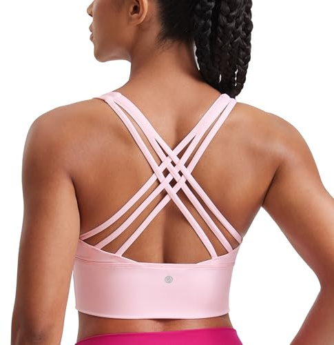CRZ YOGA Strappy Longline Sport BH för kvinnor - Trådlös vadderad Criss Cross Yoga BH beskurna Tank Tops Strawberry Pink M