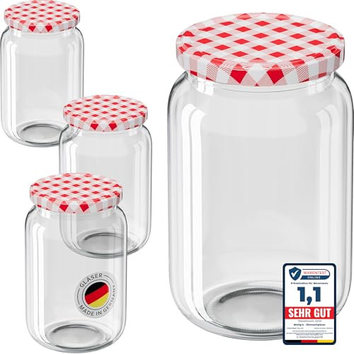 WELLGRO Einmachgläser mit Schraubdeckel TO 82 – rot kariert - Made in Germany - Luftdichte Rundgläser ideal zum Einkochen und Aufbewahren (720ml x 6 Stück)