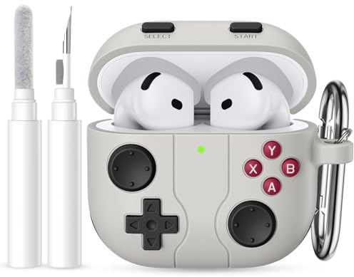 Ouwegaga Kompatibel med Apple AirPods 4 fodral 2024 med rengöringssats, klassisk spelkonsoldesign stötsäkert AirPods 4 fodral kompatibelt med AirPods 4. generationen fodral med karbinhake, ljusgrå
