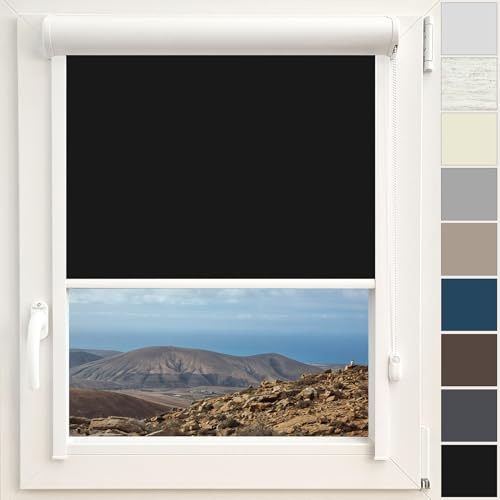 Kassettenrollo Verdunkelungsrollo Thermo Rollo | Fertigung nach Maß | Zum Anschrauben oder Kleben | Für Türen und Fenster | Thermostoff Blackout | Mit Kassette und Führungsschienen | Farbe Schwarz