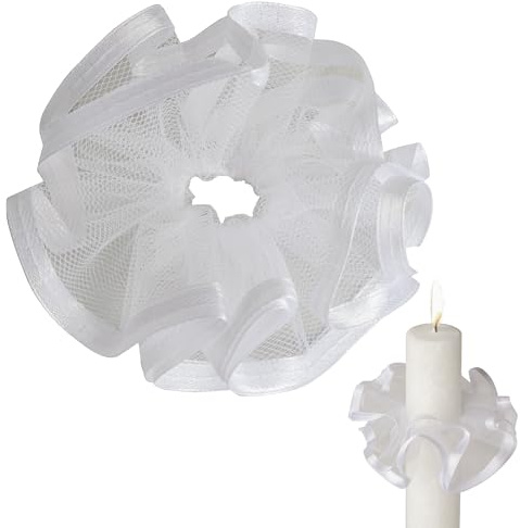 MOMENTU® Portagocce con bordo in raso per candele Ø 3 – 5 cm [tulle bianco] portacandele per candele di comunione, candele battesimali, candele di nozze – manicotto in tulle, decorazione e protezione