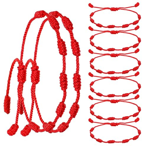 Prasacco 8 stycken röda armband, 7 knutar röda armband handgjorda lyckoarmband av polyester bomull 13 till 28 cm justerbart rött armband skydd universellt vänskapsarmband gåva