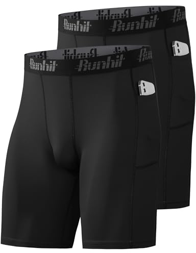 Runhit 1 or 2 Pack Compression Shorts Men with Phone Pockets, Moisture Wicking Anti Chafing Underwear Boxers Base Layer, Quick Dry Sport Tights Undershorts for Running Gym Cycling Workout