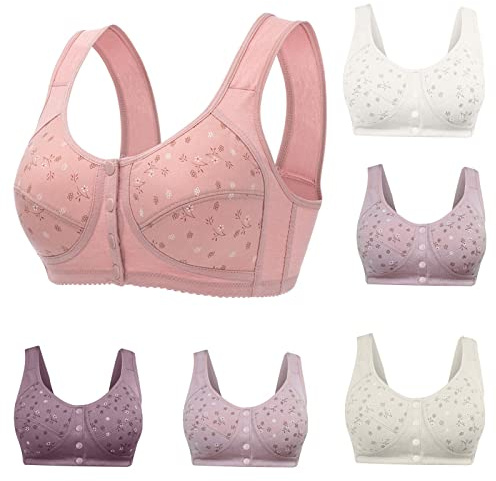 Front Fastening Bras for Women UK Sale Clearance, Push Up Everyday Bra Ladies Front Button Sleep Bralette, Full Cup Wireless Bra Florals Printed Underwear Breathable Bralettes Daily Wear