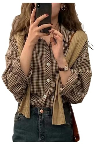 SweatyRocks Women's Plaid Button Down Shirts for Women Long Sleeve Collared Dressy Blouses Brown Medium