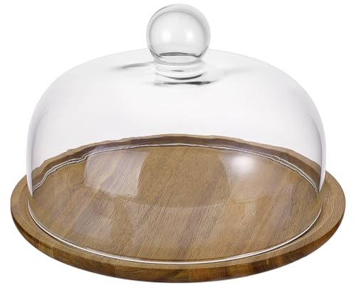 nbeads Soporte con cúpula de cristal, campana de cristal para tartas con base, madera de acacia, bandeja para tartas con tapa, para fiestas de cocina, regalos, 25,5 x 25,5 x 17 cm