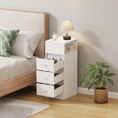 Redd Royal Tall Slim Bedroom Bedside Table Cabinet Nightstand with Storage Shelf and Drawer, Living Room Corner Small Sofa Table Side Table End Table for Narrow Space (25cm white 3 drawers)