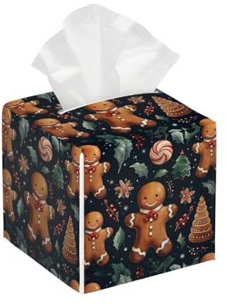 Housse de boîte à mouchoirs carrée en cuir, style bonhomme en pain d'épices de Noël, distributeur de papier pour salle de bain, salle de bain, voiture
