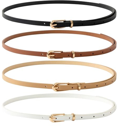 SUNNIFLY 4 pezzi Cintura Donna, 105 × 1 cm Cintura Regolabile da Donna, Cinture Sottile per Vestito, Jeans, Soprabito (nero, caffè, bianco crema, bianco)