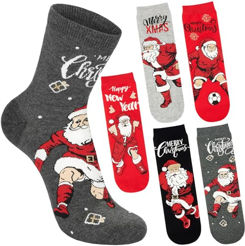 BRUBAKER 5 Par Julsockor för Herrar - Fotbollsspelande Jultomte - Roliga Herrstrumpor för Julen & Förjulstiden - Färgglada Bomullstrumpor - Perfekt Fotbollspresent till Män - Storlek 41-45