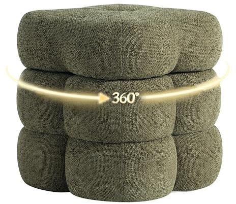 Get Set Style 360° Swivel Flower Ottoman, Linen Vanity Stool Footrest with 300LBS Capacity, No Assembly Small Space Accent Chair for Living Room Bedroom Entryway(Olive Green)