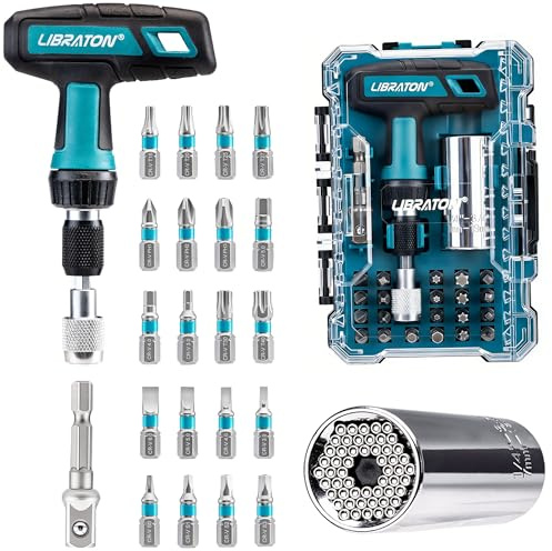 LIBRATON 24PCS Juego de Destornilladores con Llave de Carraca en T y Enchufe Universal, Set de Puntas Multiusos, Mango de Carraca Magnético, Adaptador, para Bricolaje y Reparación de Automóviles