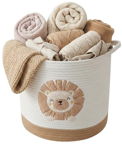 Baby Kids Toy Storage Basket, 21L Soft Washing Basket, Woven Cotton Rope Storage Basket with Handle, Toy Organizer, Clothes Hamper for Living Room, Bedroom, Nursery, Laundry, Cute Cartoon Lion 30x30cm