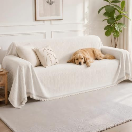 Voiolfolke Sofa Cover 3 Seater, Non Slip Couch Covers (180x300cm, Beige) | Chenille, Protectors for Pets, Bohemian Tassel Design, Machine Washable, For l Shape Loveseat Large Sofa, All Season