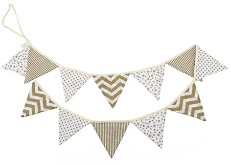 G2PLUS Gold Fabric Bunting Banner, 10.8 Feet Star Strip Cotton Garlands, 12PCS Double Sided Fabric Triangle Pennants for Birthday Wedding Afternoon Tea Garden Party