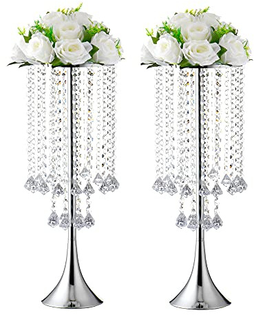 Luxurious Crystal(22.83/58cm H) 2pcs Flower Stand Wedding Centerpieces on Floor, Tall Metal Flower Arrangement Stand, Tabletop Flower Vase for Wedding Party Dinner Event Hotel/Home Decor