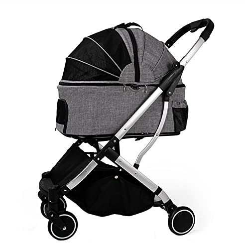 LJFLI Hundebuggy Hundewagen Kleine Hunde bis 40 kg Abnehmbares Reinigungskissen Aufbewahrungskorb mit GroßEm FassungsvermöGen Seitliche Netztasche Wiege Separater Reisewagen,Gray