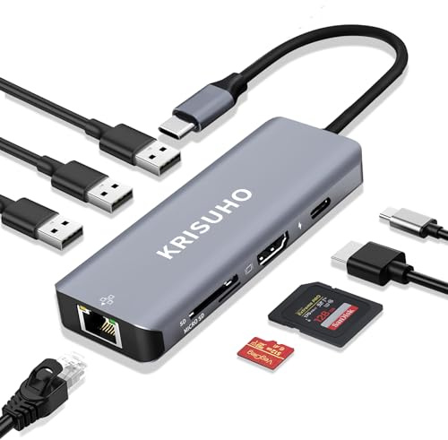 KRISUHO USB C Hub Multiport Adapter USB C Hub Ethernet 8 in 1 usb hub usbc macbook neo accessories mac usb adapter usb c dongle 4K HDMI 100W PD SD/TF card reader USBC to Ethernet Adapter