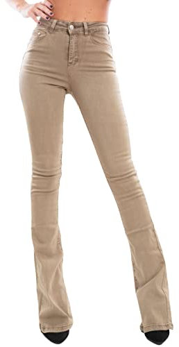 Toocool Damen Schlagjeans High Waist Slim Flare, Stretch-Denim, 5-Pocket, figurformend, Retro-Look, Modell VI8008 [M, Khaki]