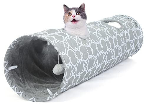 LUCKITTY Geometric Straight Cat Tunnel with Plush Inside,Cats Toys Collapsible Tunnel Tube with Balls, for Rabbits, Kittens, Ferrets,Puppy,Diameter 11.8 Inch